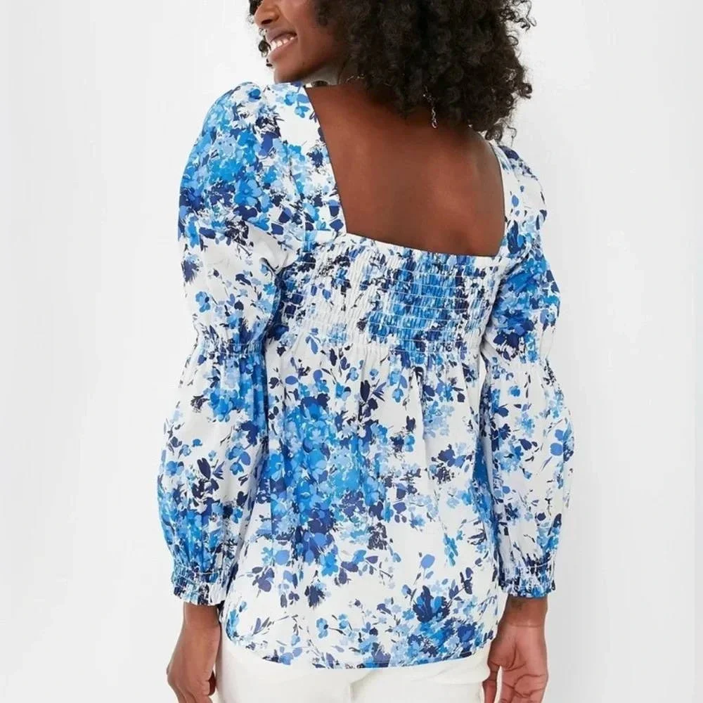 Tuckernuck Blue Meadows Tilly Blouse XS‎ NWT Floral Smocked Square Neck